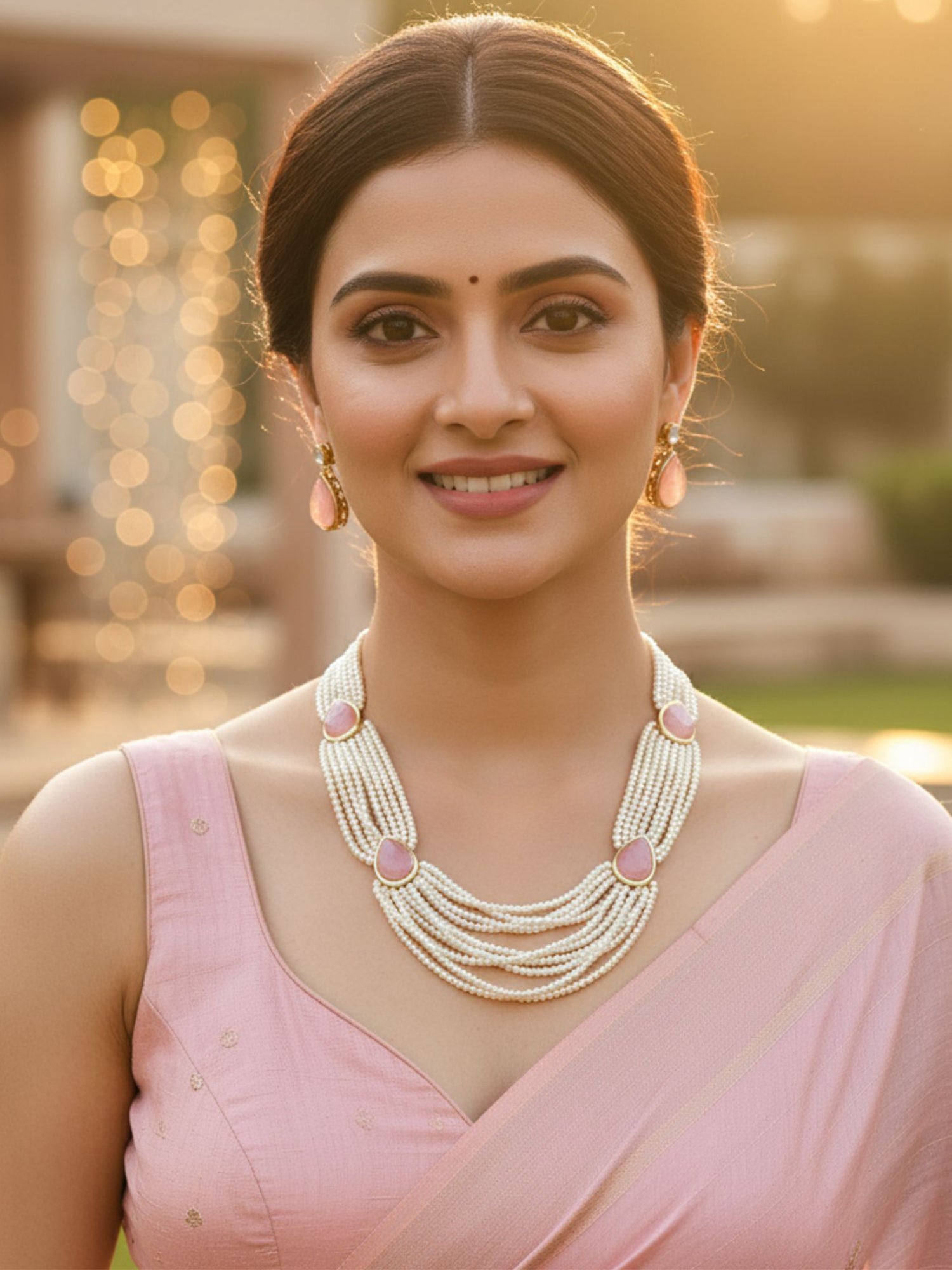 Karatcart Pink Carved Stone Studded Pearl Beaded Rani Haar Necklace Set for Women