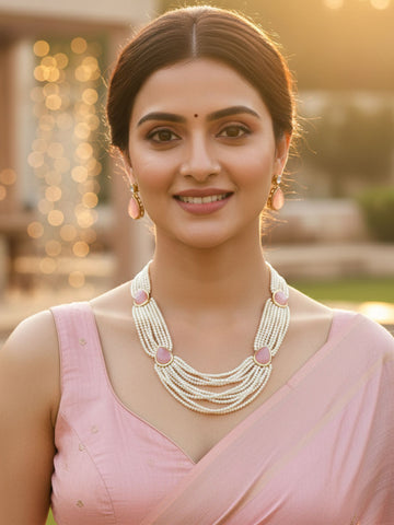 Karatcart Pink Carved Stone Studded Pearl Beaded Rani Haar Necklace Set for Women