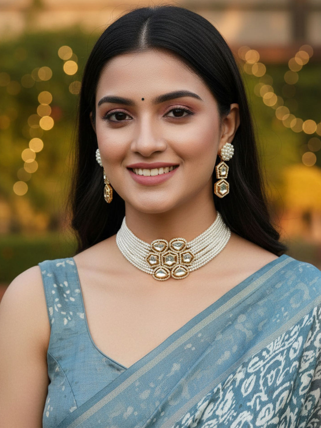 Karatcart Gold Plated Pearl Beaded Polki Kundan Choker Necklace Set for Women