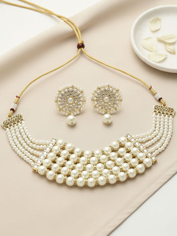 Karatcart Pearl Multilayer Beaded Kundan Choker Necklace Set for Women