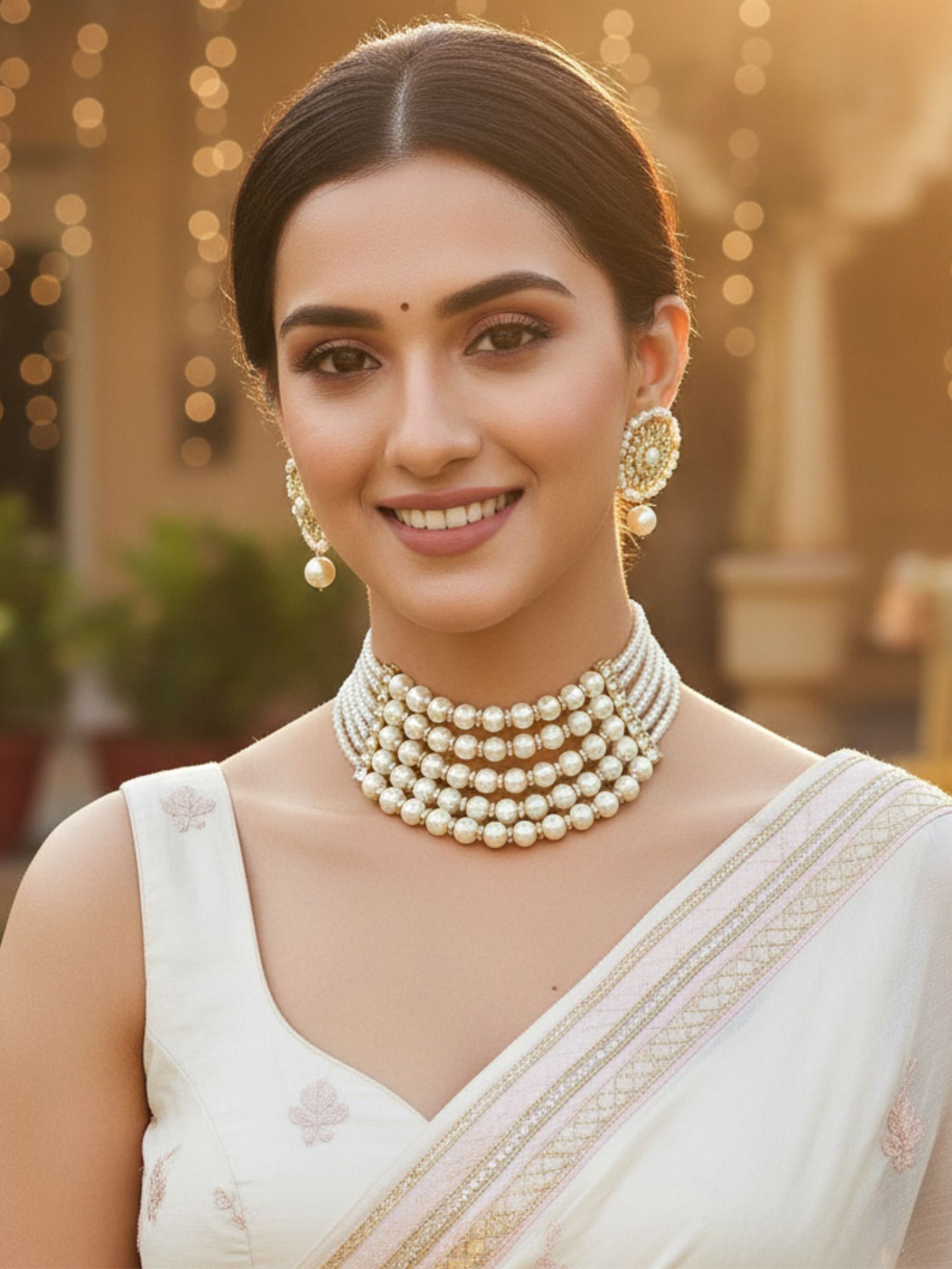 Karatcart Pearl Multilayer Beaded Kundan Choker Necklace Set for Women