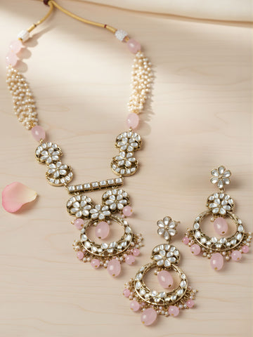 Karatcart Gold Plated Pink Tuble Kundan Rani Haar Necklace Set for Women