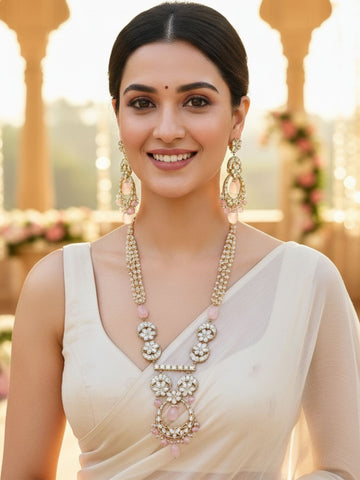 Karatcart Gold Plated Pink Tuble Kundan Rani Haar Necklace Set for Women