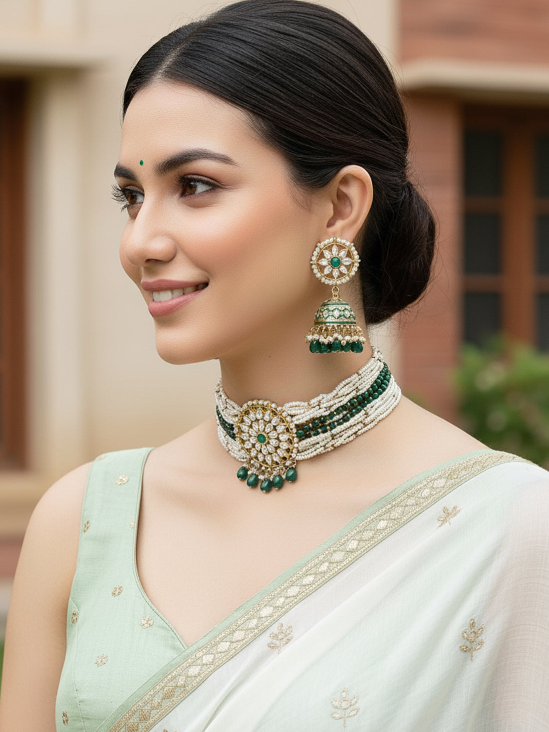 Karatcart Gold Plated Green Beads and Pearl Beaded Kundan Choker Necklace Set for Women