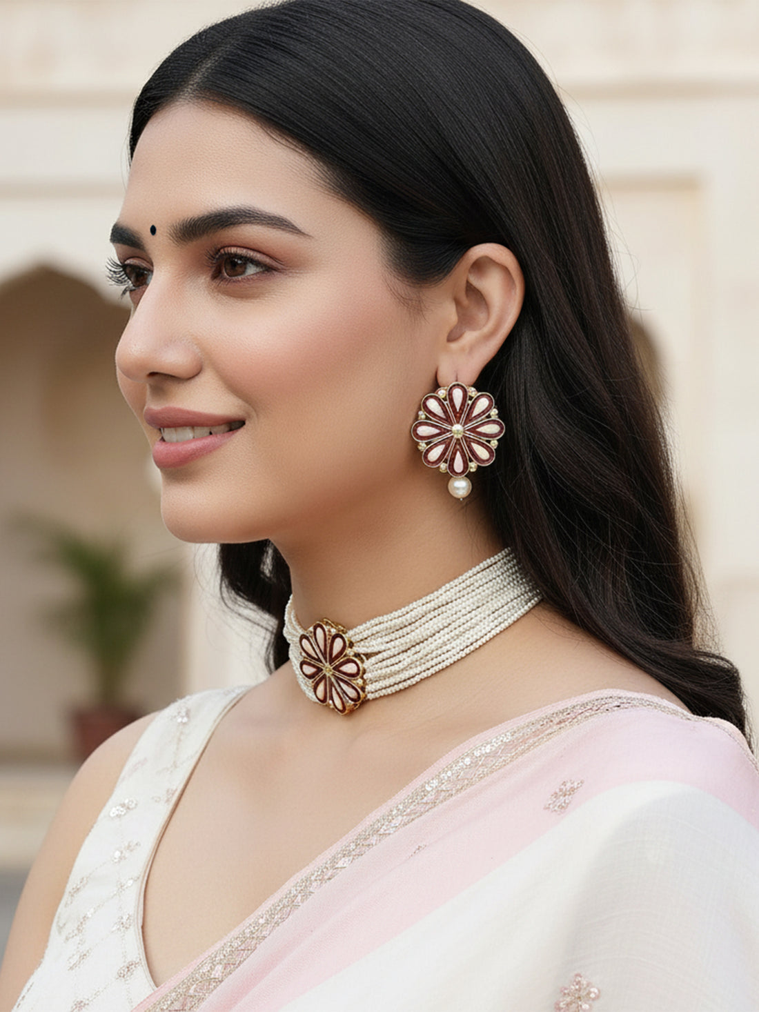 Karatcart Gold Plated Maroon Meena Floral Pearl Beaded Kundan Choker Necklace Set for Women