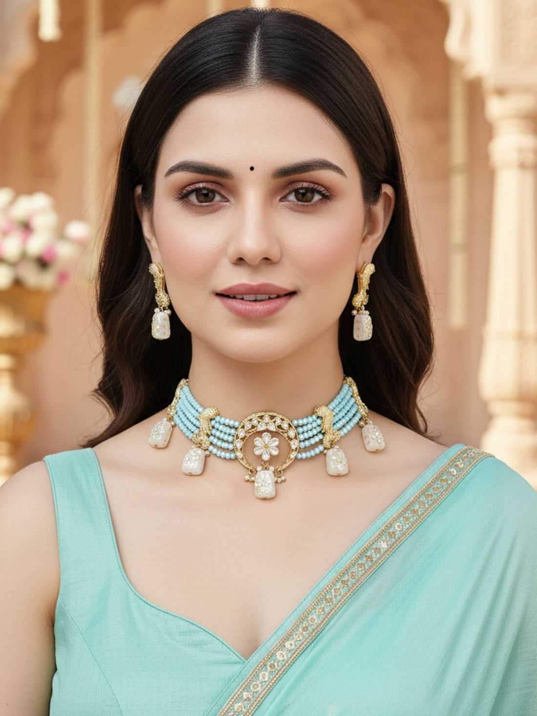 Karatcart White Designer Tumble Light Blue Crystal Beaded Kundan Choker Necklace Set