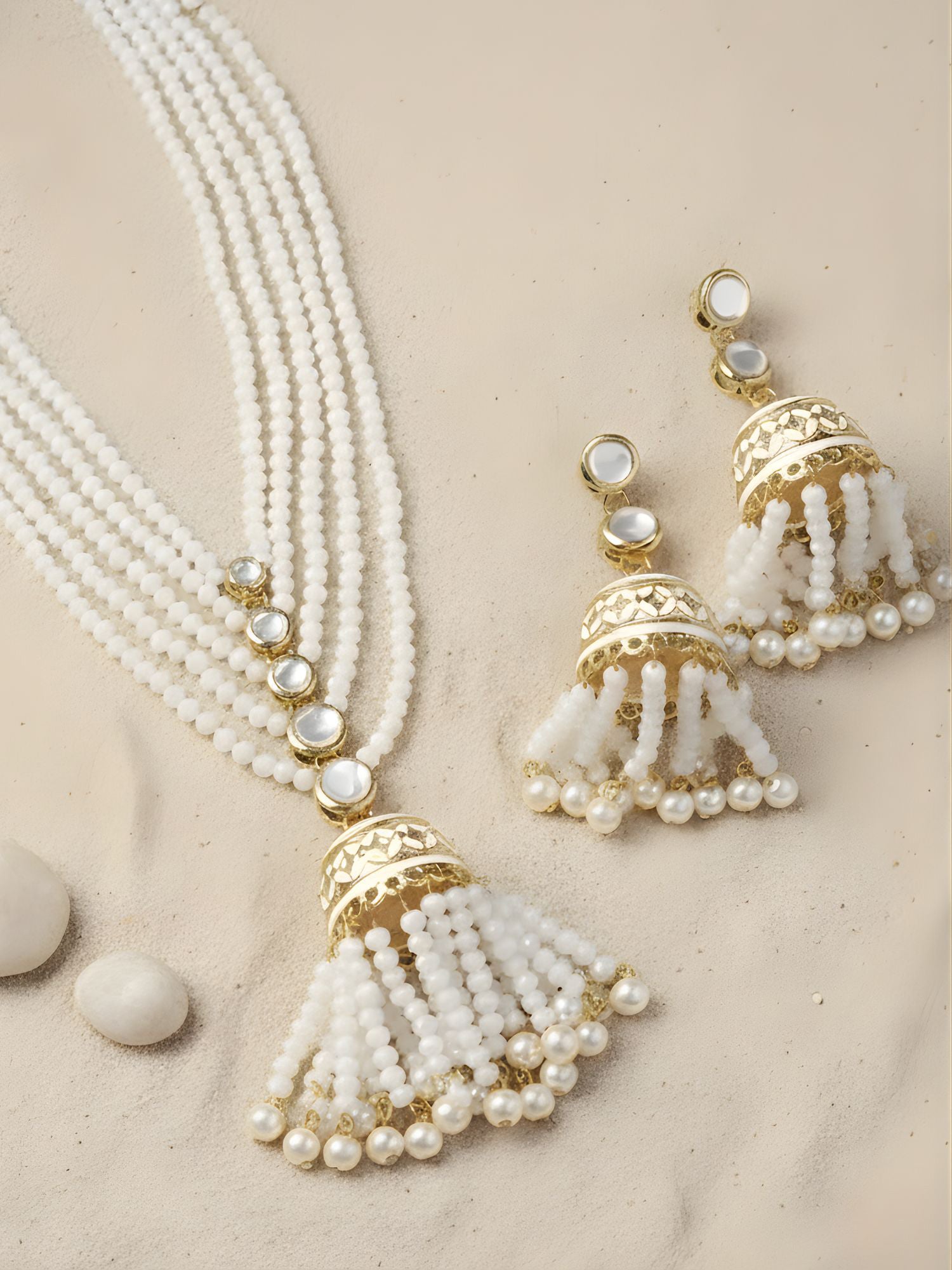 Karatcart White Opaque Crystal Gold Plated Kundan Rani Haar Necklace Set for Women