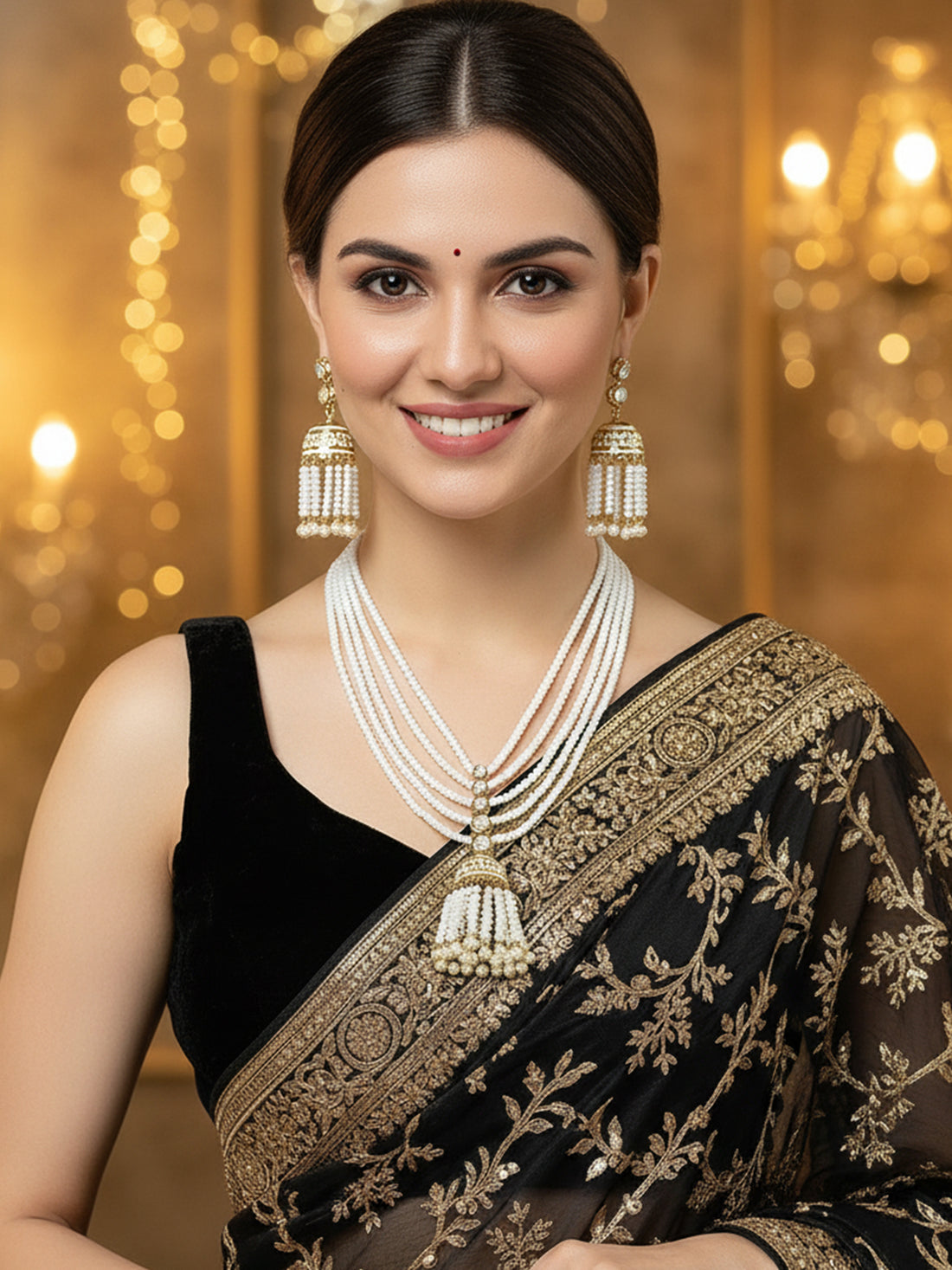 Karatcart White Opaque Crystal Gold Plated Kundan Rani Haar Necklace Set for Women