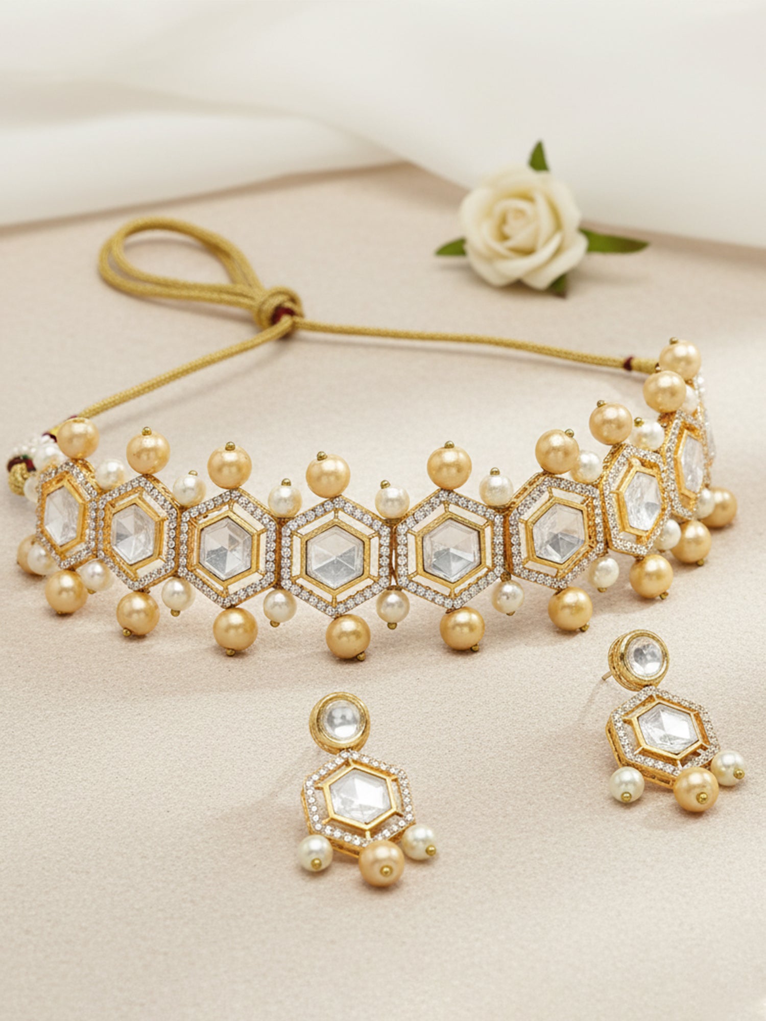 KARATCART Gold Plated Polki Choker Gold Jewellery Set for Women