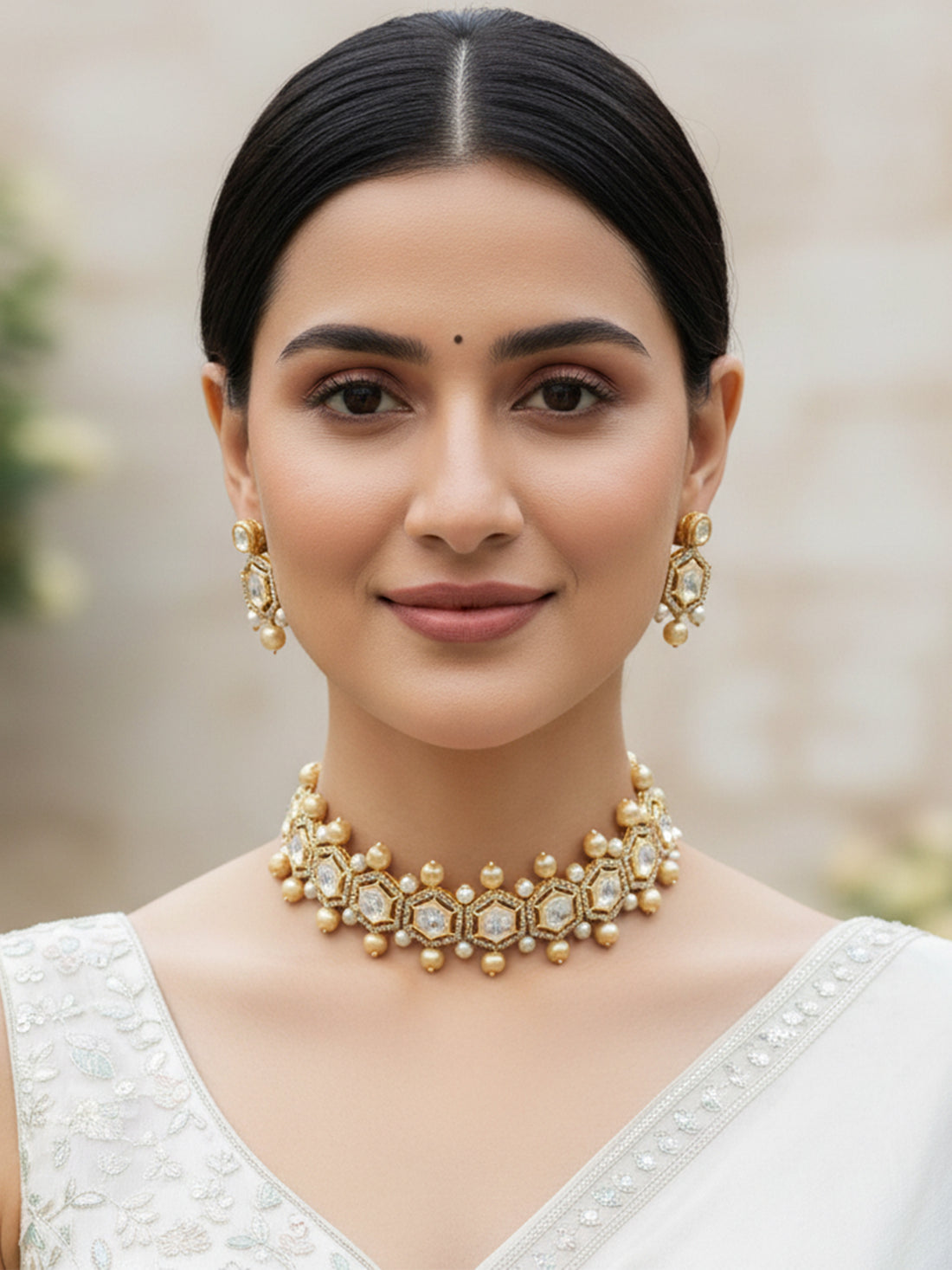 KARATCART Gold Plated Polki Choker Gold Jewellery Set for Women