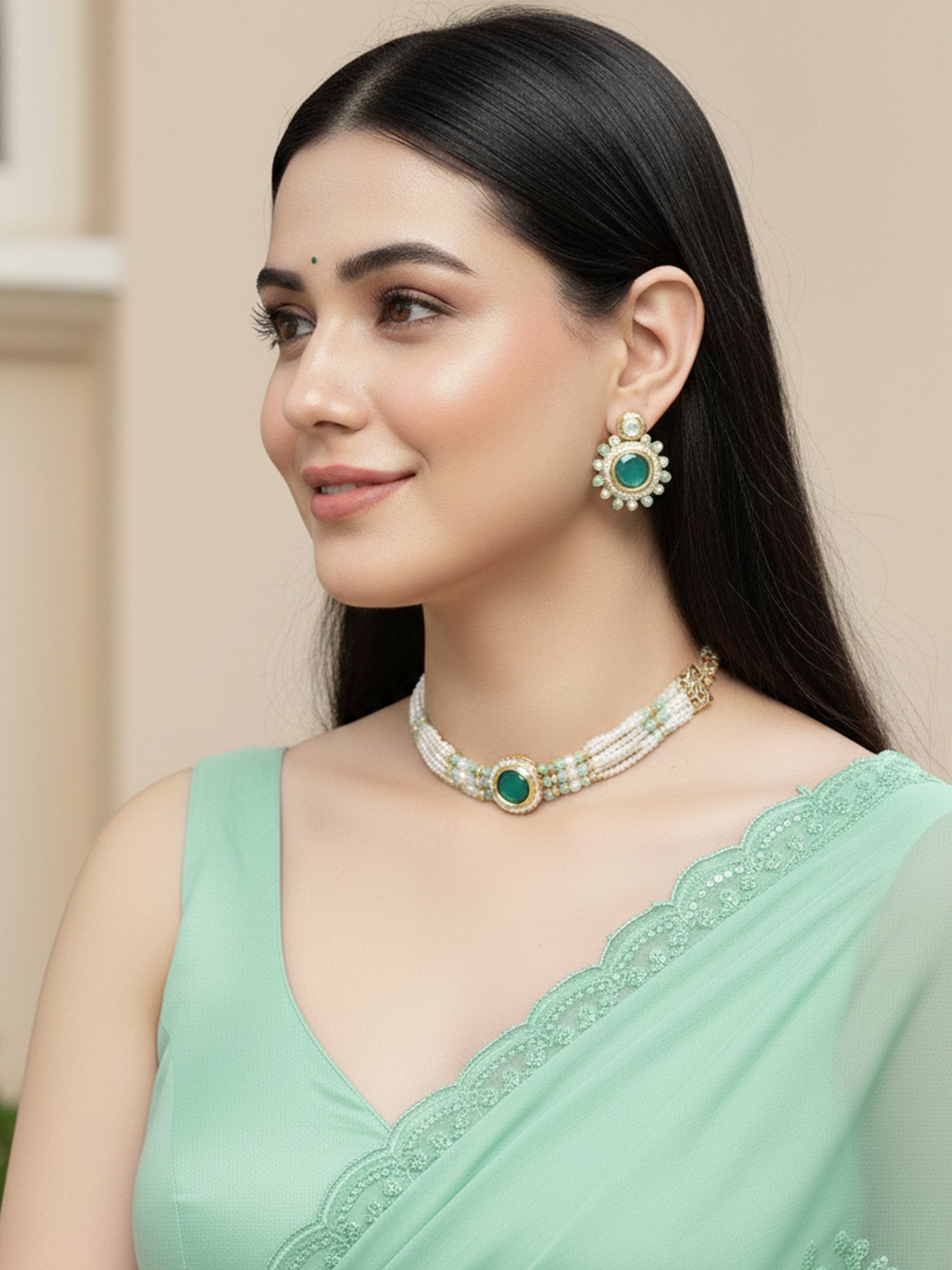 KARATCART Gold Plated Polki Choker Green Jewellery Set for Women