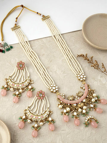 KARATCART Gold Plated Kundan Rani Haar Pink Jewellery Set for Women