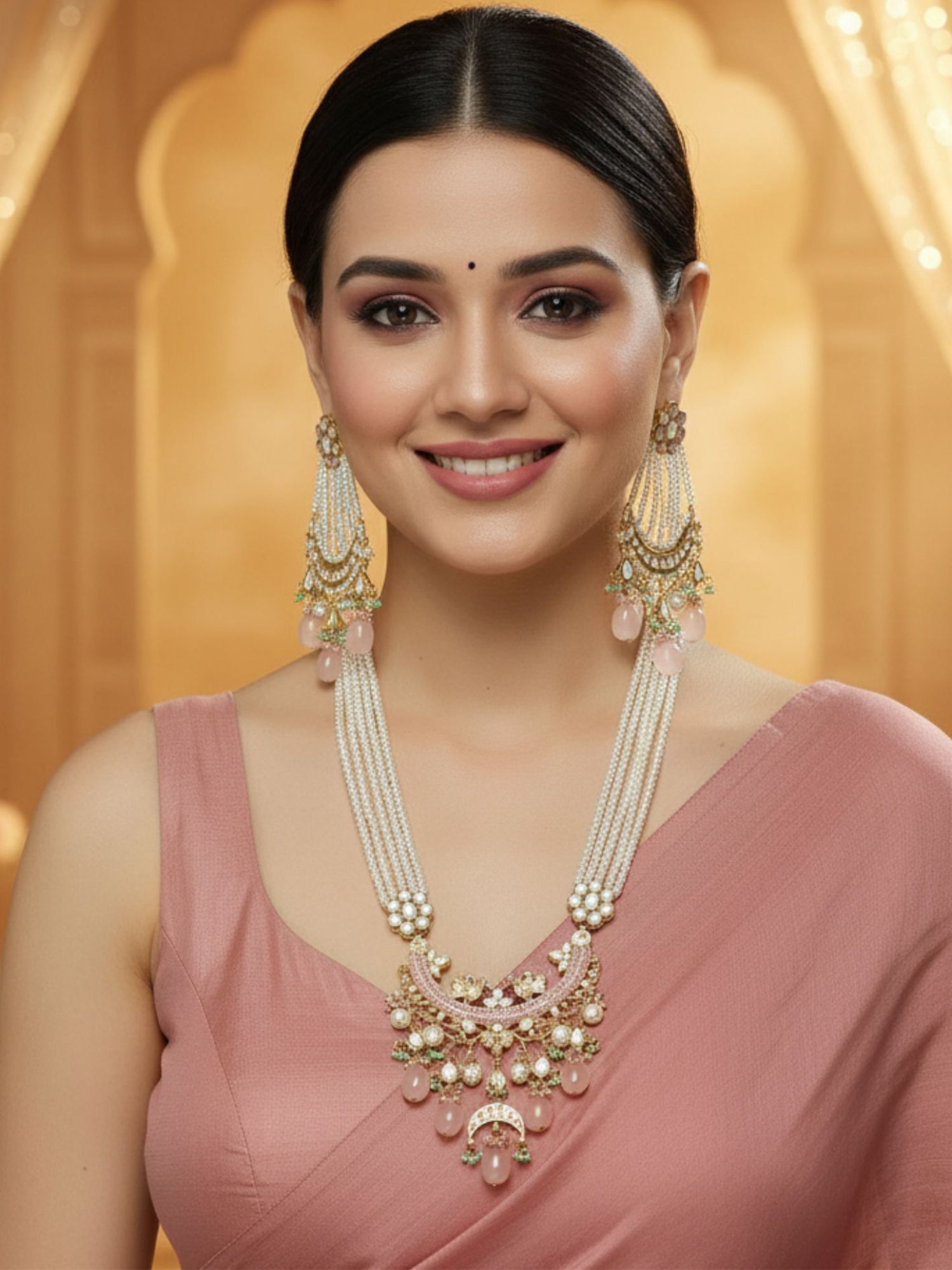 KARATCART Gold Plated Kundan Rani Haar Pink Jewellery Set for Women