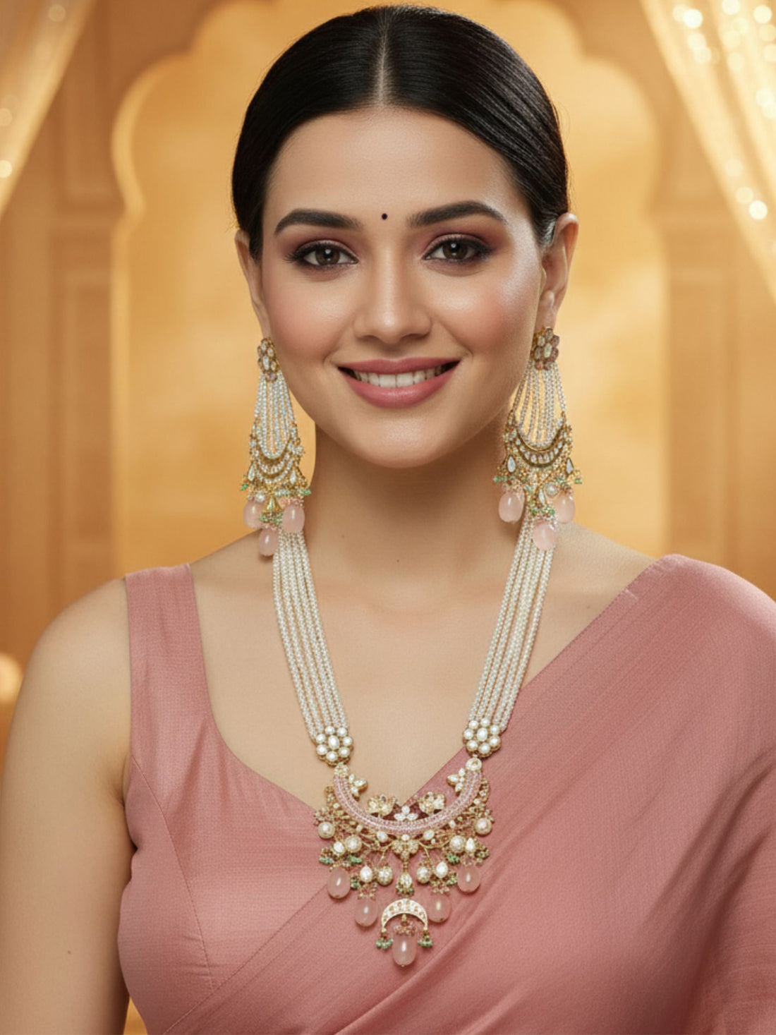 KARATCART Gold Plated Kundan Rani Haar Pink Jewellery Set for Women