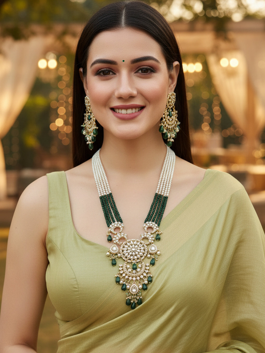 KARATCART Gold Plated Kundan Rani Haar Green Jewellery Set for Women