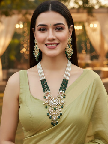 KARATCART Gold Plated Kundan Rani Haar Green Jewellery Set for Women