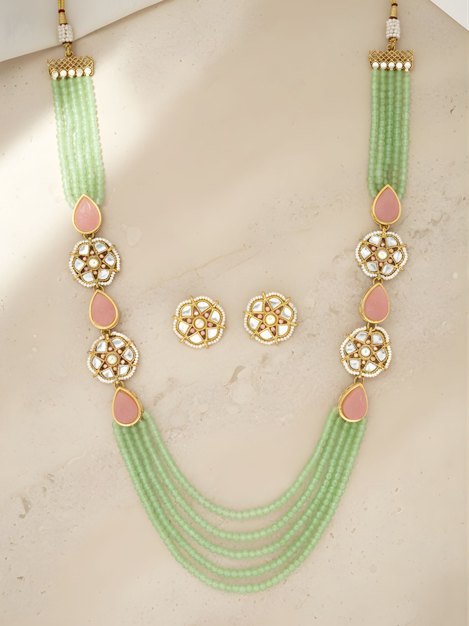 Karatcart Light Green Beaded Pink Carved Stone Kundan Rani Haar Necklace Set for Women