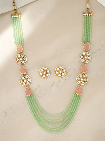 Karatcart Light Green Beaded Pink Carved Stone Kundan Rani Haar Necklace Set for Women
