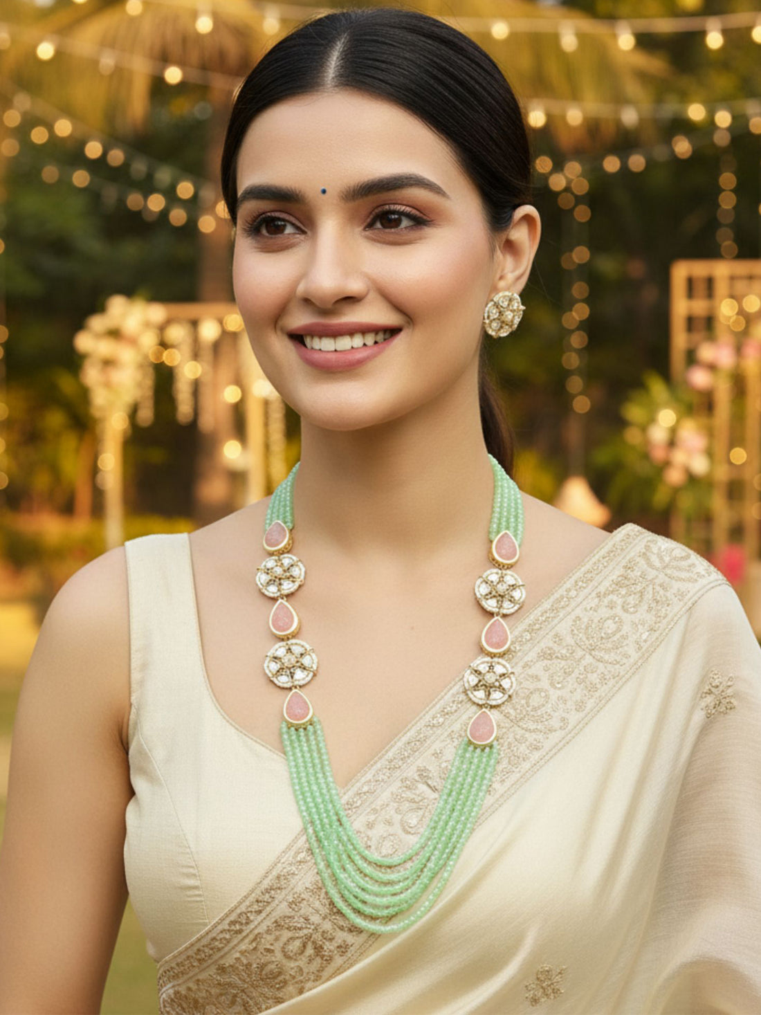 Karatcart Light Green Beaded Pink Carved Stone Kundan Rani Haar Necklace Set for Women