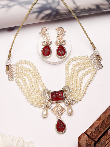 Karatcart Gold Plated Red Carved Stone Kundan Choker Necklace Set for Women