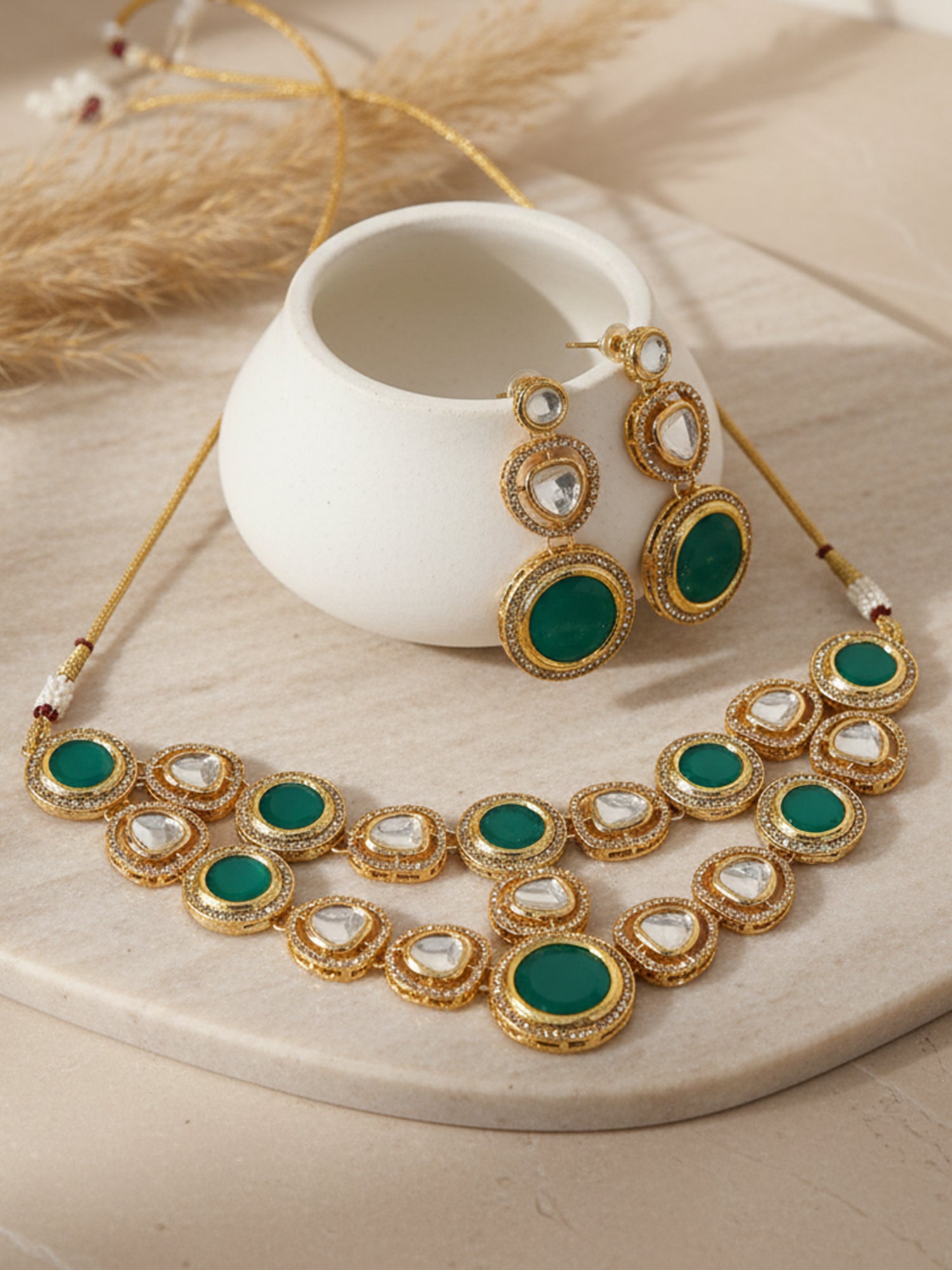 Karatcart Gold Plated Green Polki Classic Necklace Set for Women