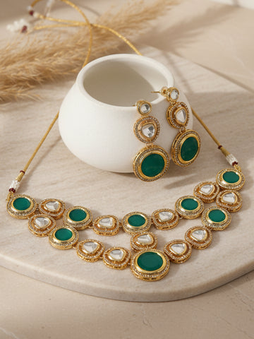 Karatcart Gold Plated Green Polki Classic Necklace Set for Women