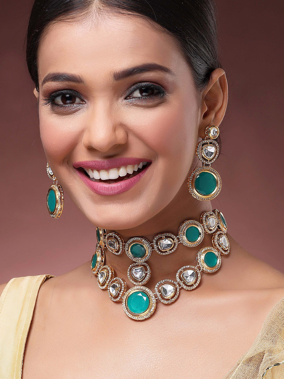 Karatcart Gold Plated Green Polki Classic Necklace Set for Women