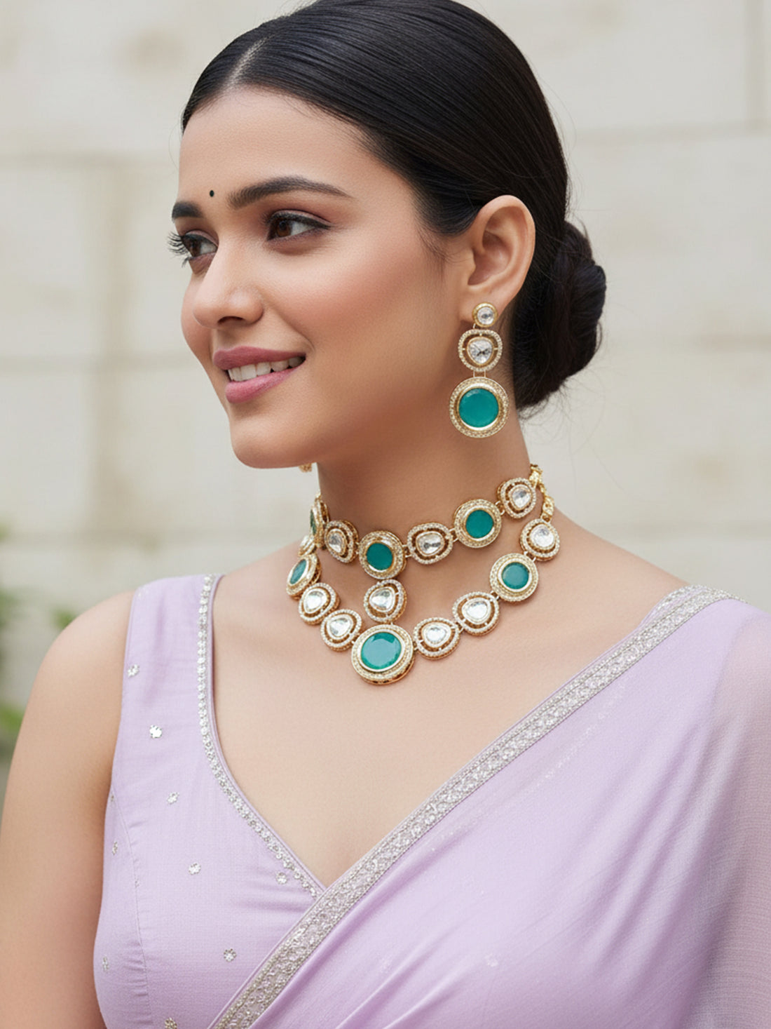 Karatcart Gold Plated Green Polki Classic Necklace Set for Women