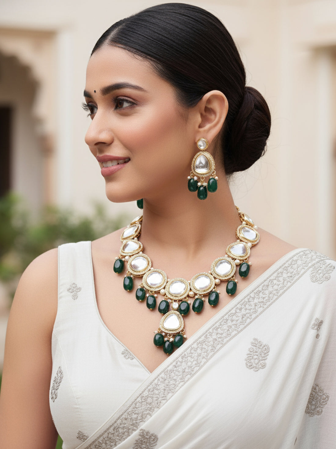 Karatcart Green Tumble Polki Kundan Rani Haar Necklace Set for Women