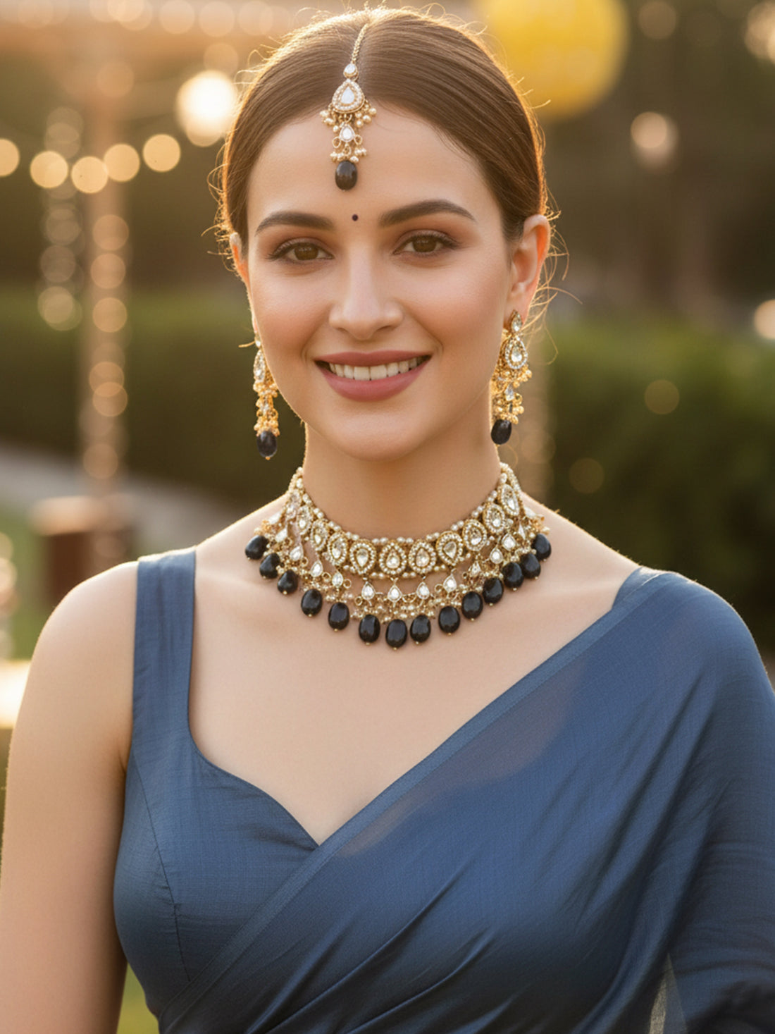 Karatcart Gold Plated Blue Tumble Choker Necklace Set for Women