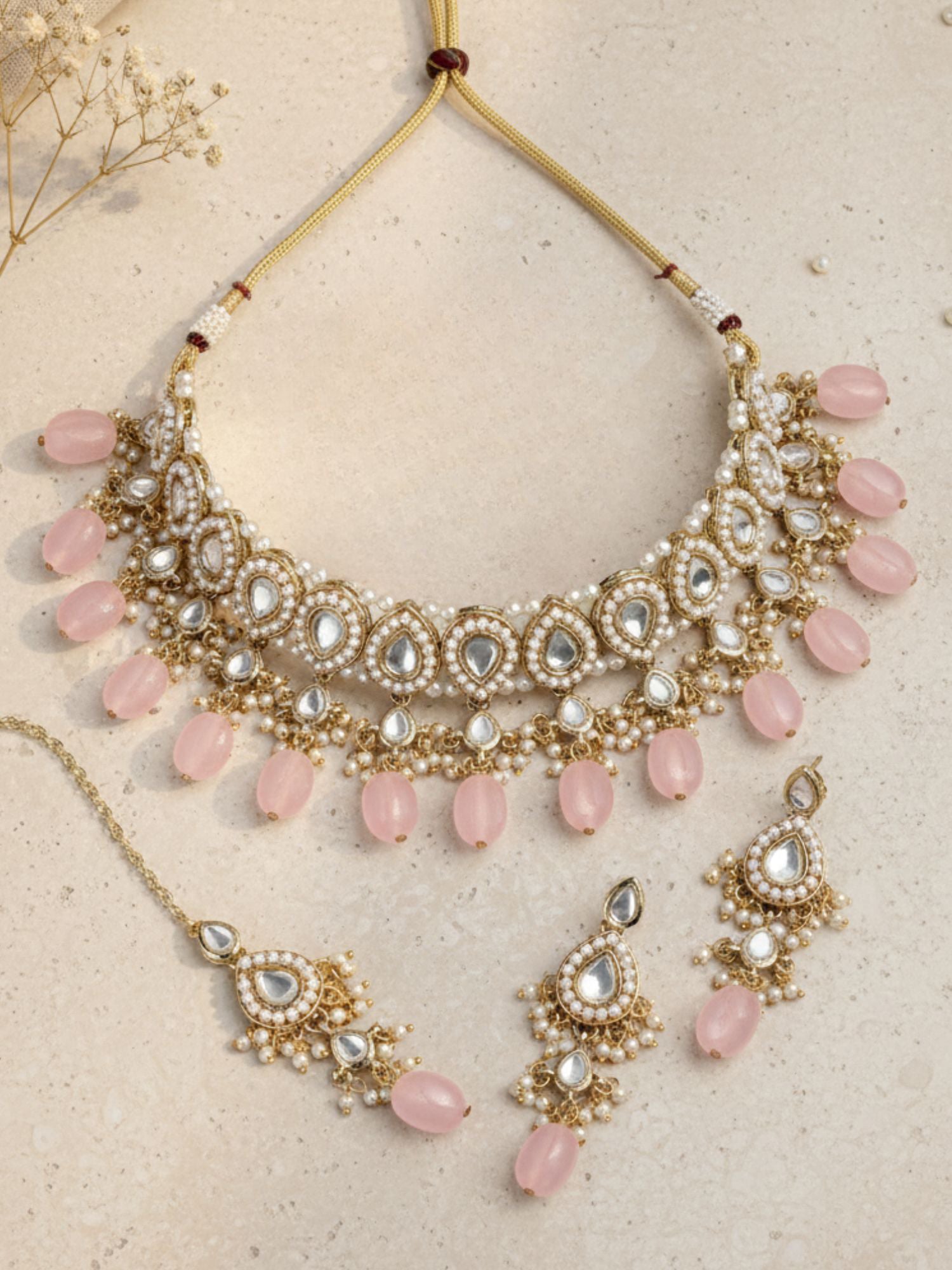 Karatcart Gold Plated Pink Tumble Choker Necklace Set for Women