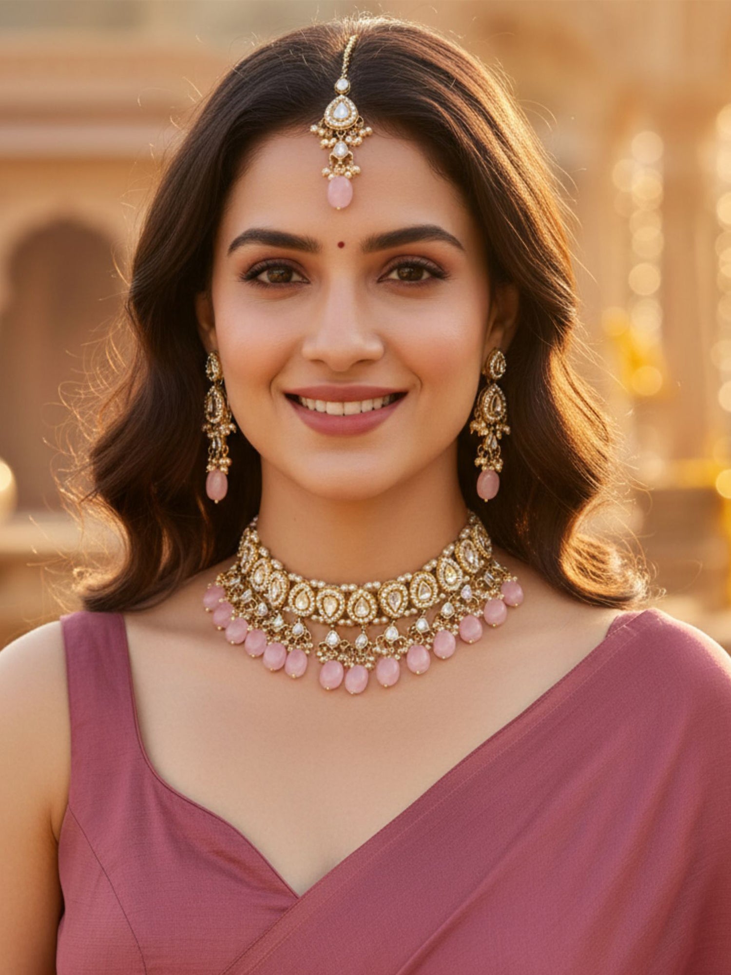 Karatcart Gold Plated Pink Tumble Choker Necklace Set for Women