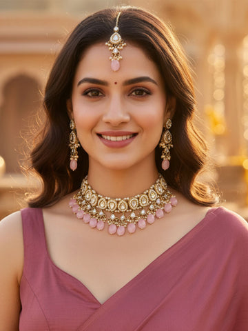 Karatcart Gold Plated Pink Tumble Choker Necklace Set for Women