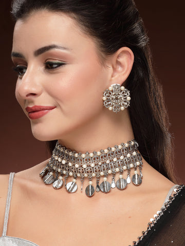 KARATCART Oxidised Silver Kundan Choker Necklace Set for Women