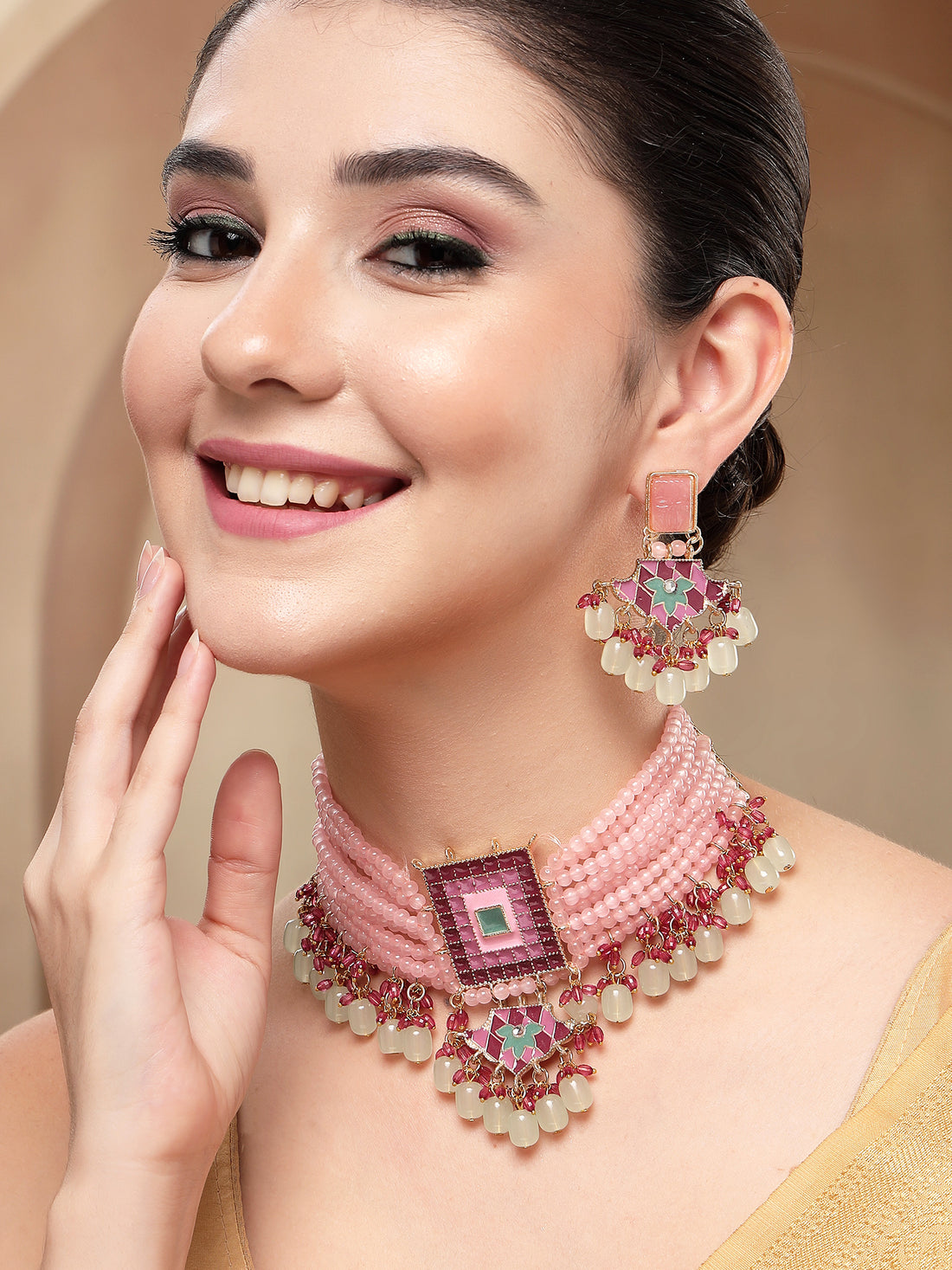 KARATCART Gold-Plated Pink and Lime Green Beaded Meenakari Kundan Choker Necklace Set for Women