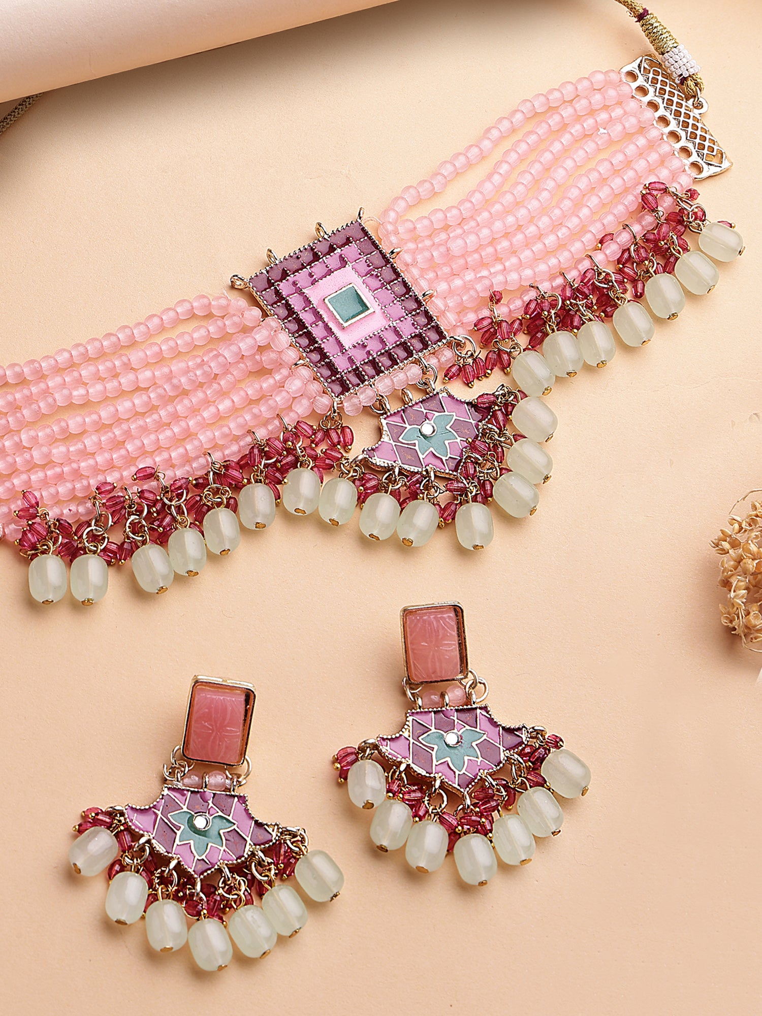 KARATCART Gold-Plated Pink and Lime Green Beaded Meenakari Kundan Choker Necklace Set for Women