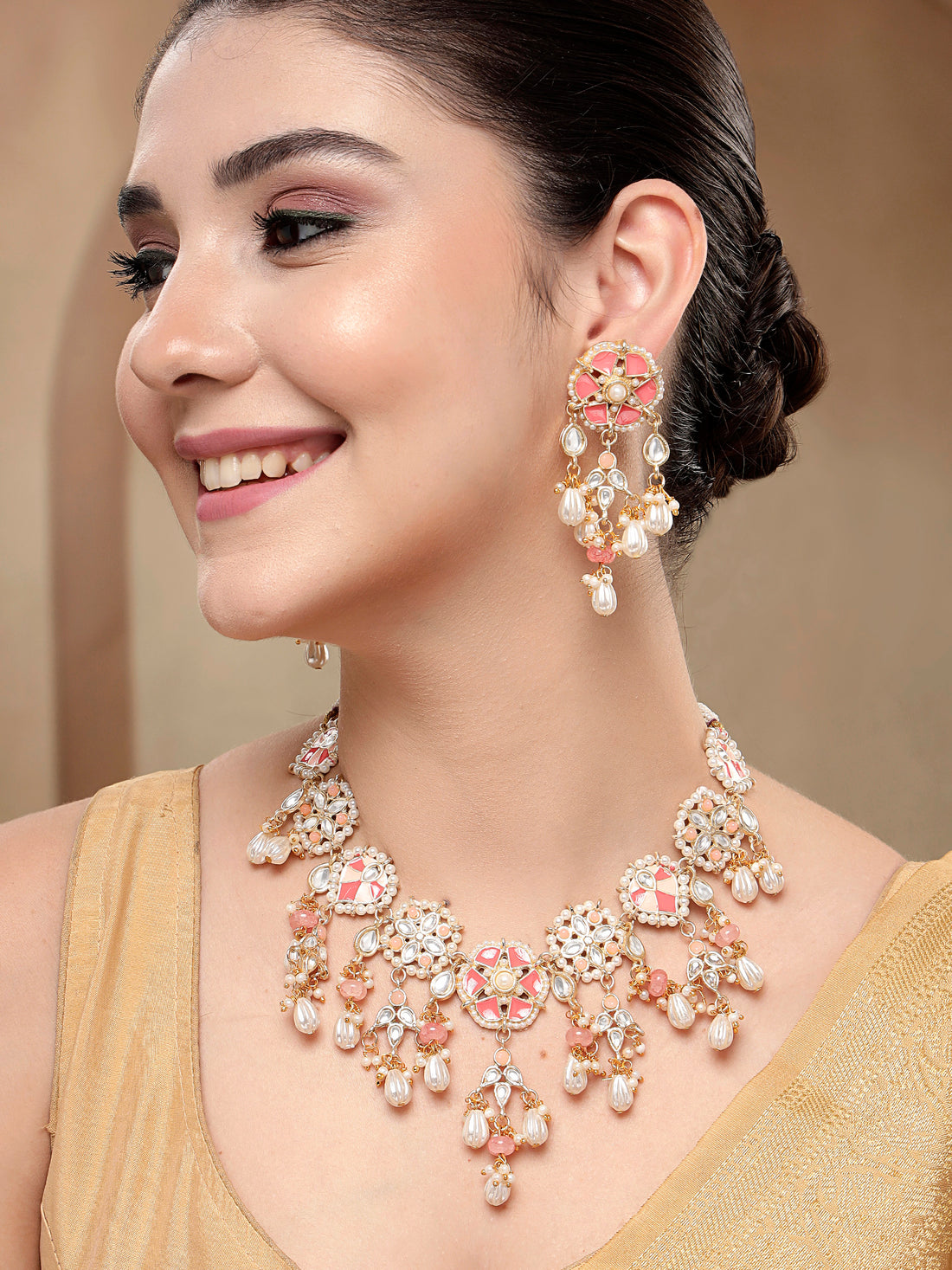 KARATCART Designer Gold Plated Two-Tone Pink Meena Kundan Necklace Set for Women