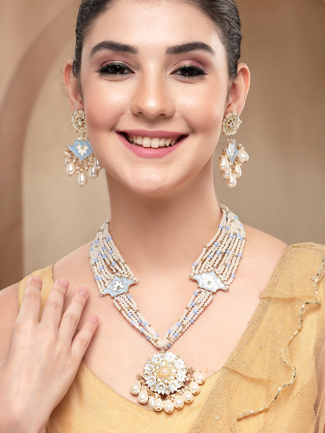 KARATCART Designer Gold Plated Two-Tone Pink Meena Kundan Necklace Set for Women