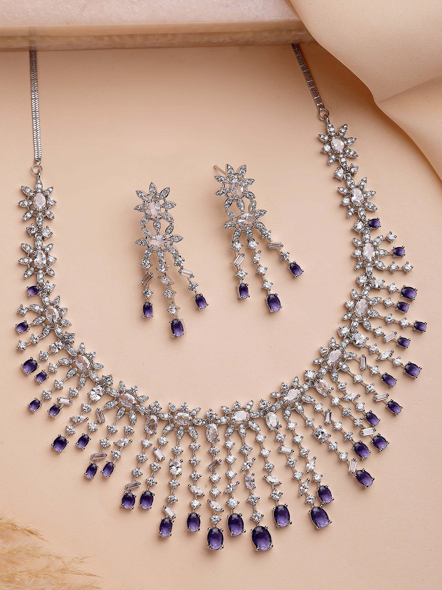KARATCART Sparkling Purple American Diamond Silver-Plated Jewellery Set for Women