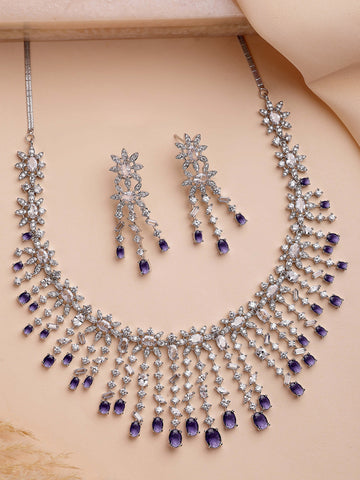 KARATCART Sparkling Purple American Diamond Silver-Plated Jewellery Set for Women