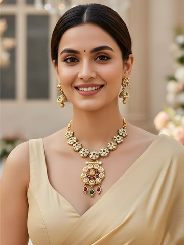 KARATCART Traditional Gold-Plated Multicolor Stone Floral Design Necklace Set for Women