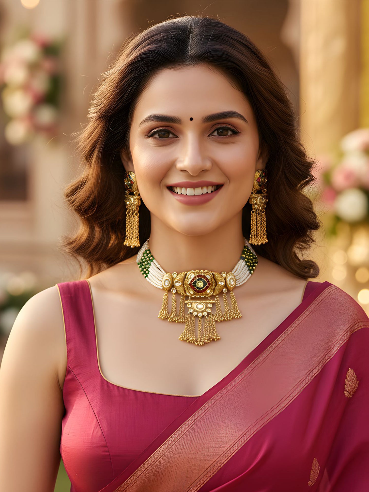 KARATCART Radiant Red & Green Meenakari Eye Design Gold-Plated Choker Necklace Set for Women