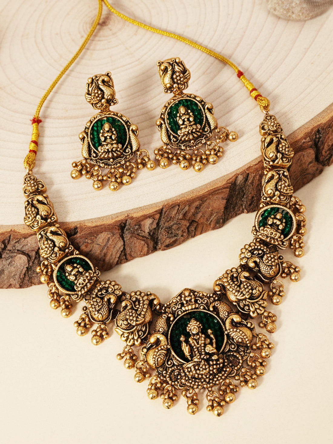 KARATCART Antique Gold-Plated Green Crystal Goddess Lakshmi Temple Necklace Set for Women