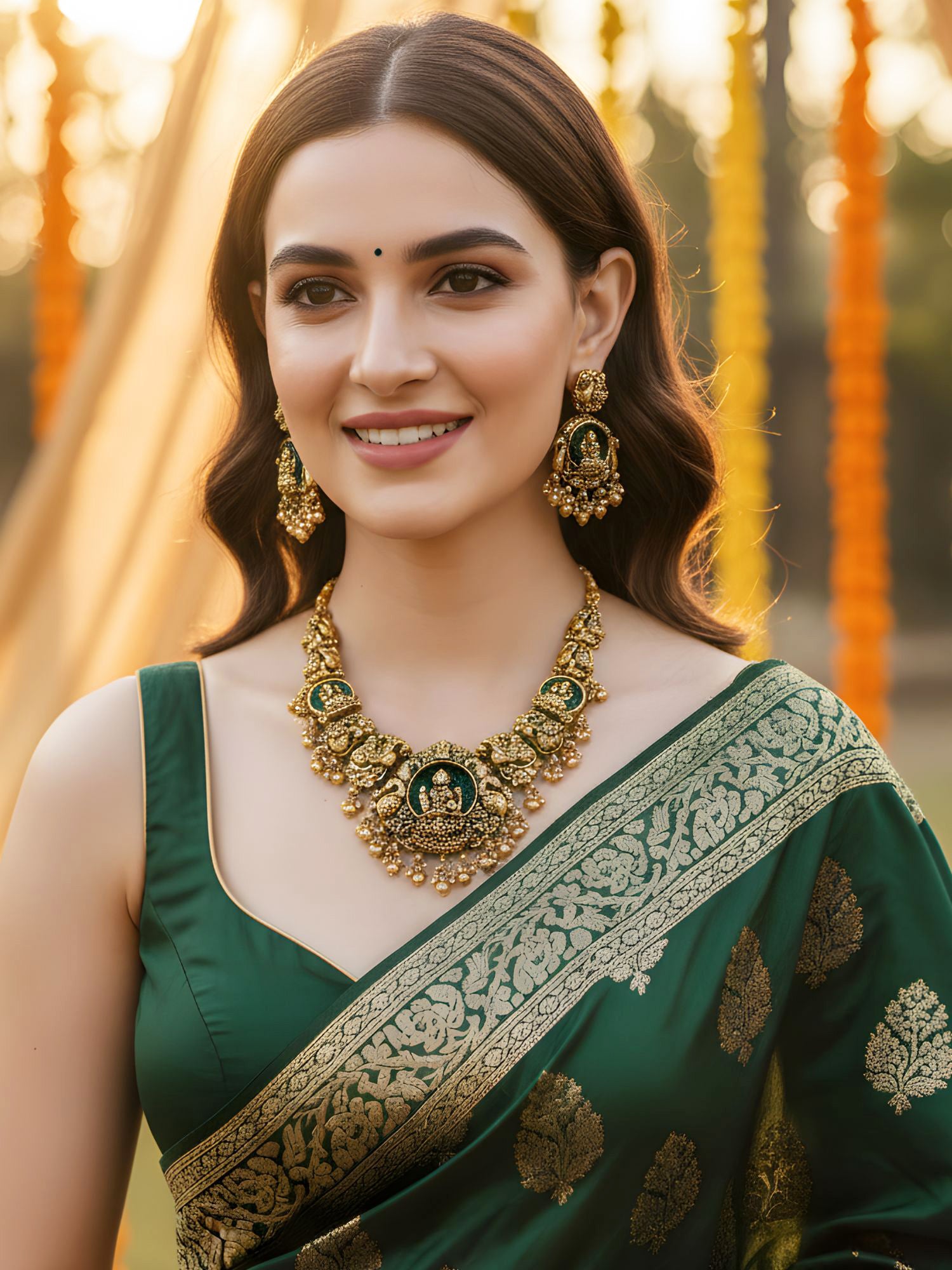 KARATCART Antique Gold-Plated Green Crystal Goddess Lakshmi Temple Necklace Set for Women