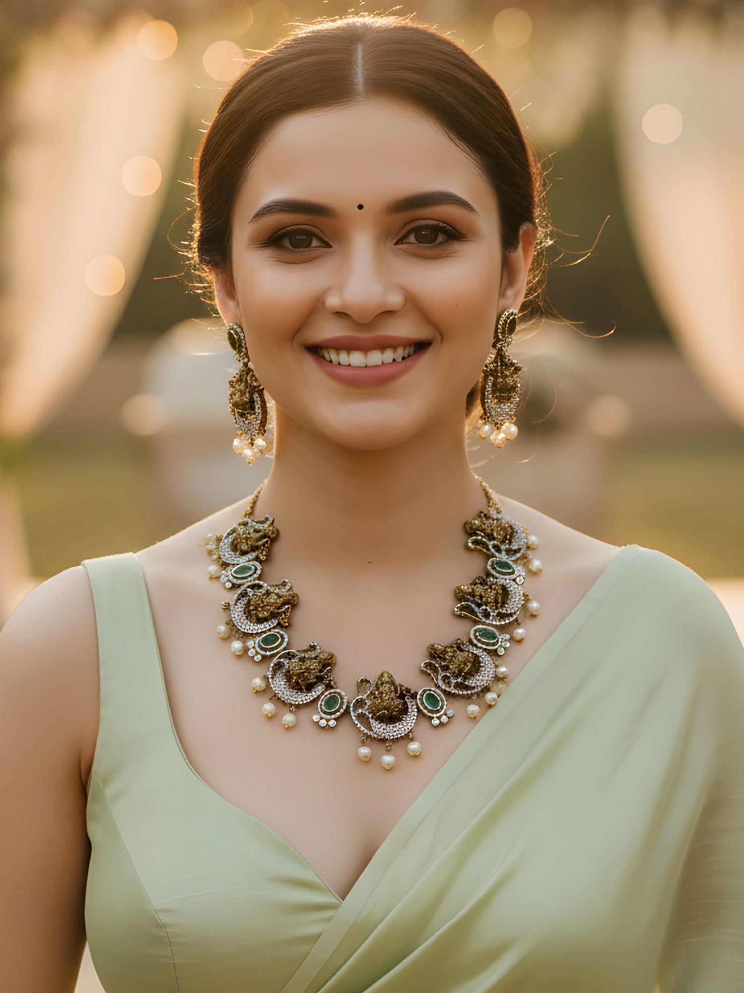 KARATCART Radiant Lakshmi Mata Gold-Plated Temple-Style American Diamond Necklace Set for Women