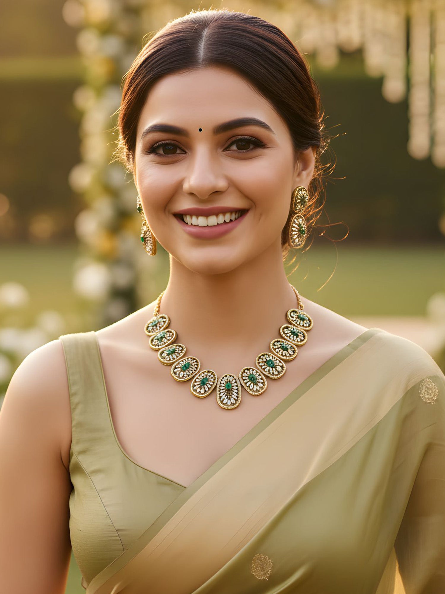 KARATCART Stunning Oval Floral Pattern American Diamond Gold-Plated Necklace Set for Women