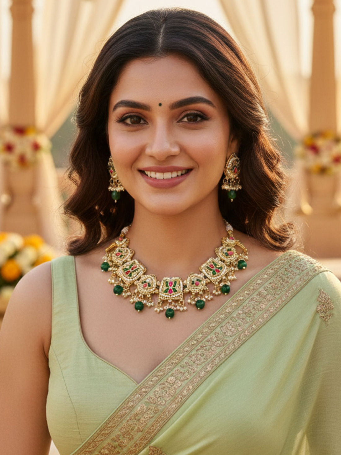 KARATCART Stunning Floral Design Gold-Plated Green Beads Necklace Set for Women