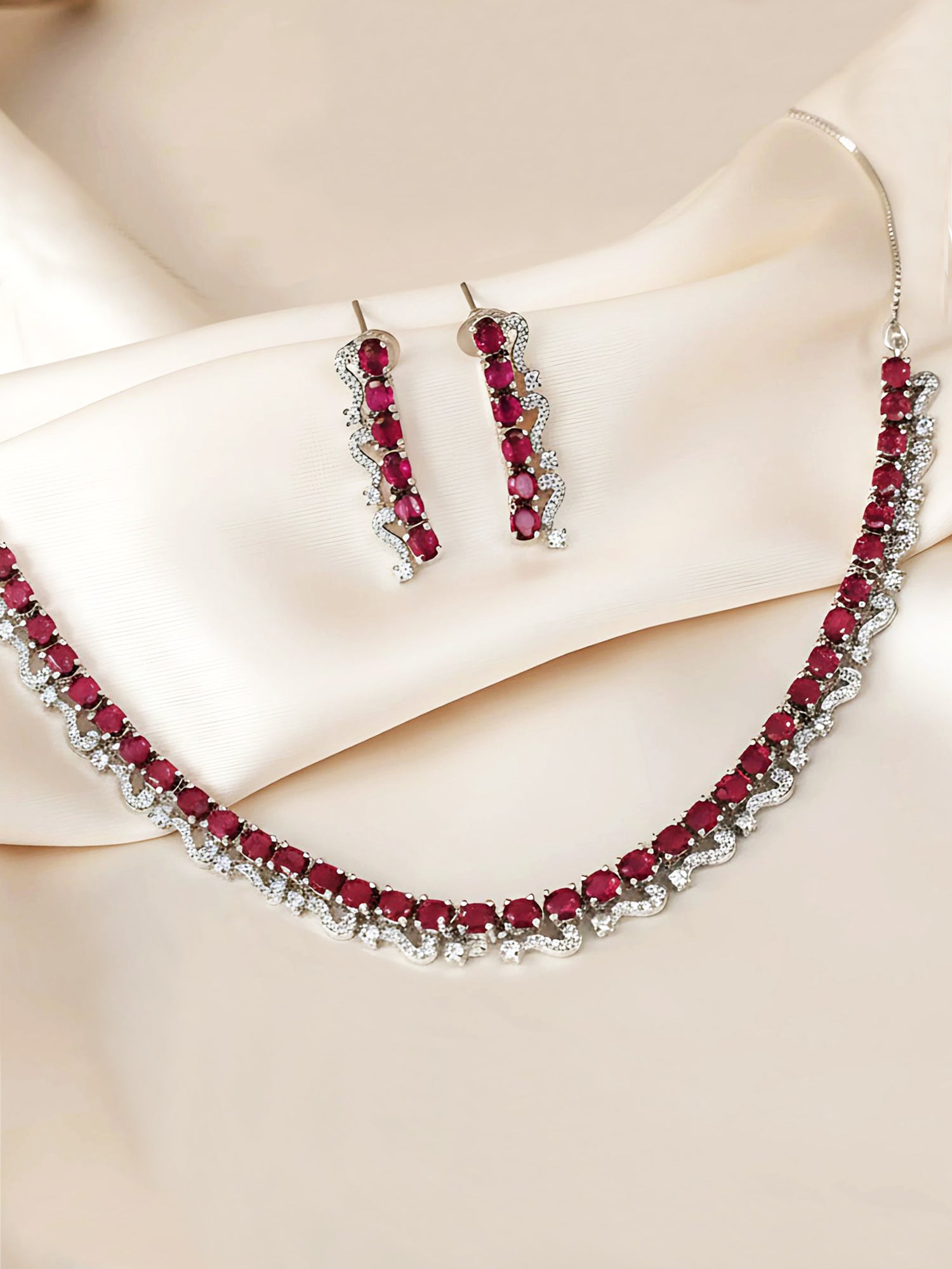 KARATCART Elegant Red American Diamond Silver-Plated Premium Jewellery Set for Women