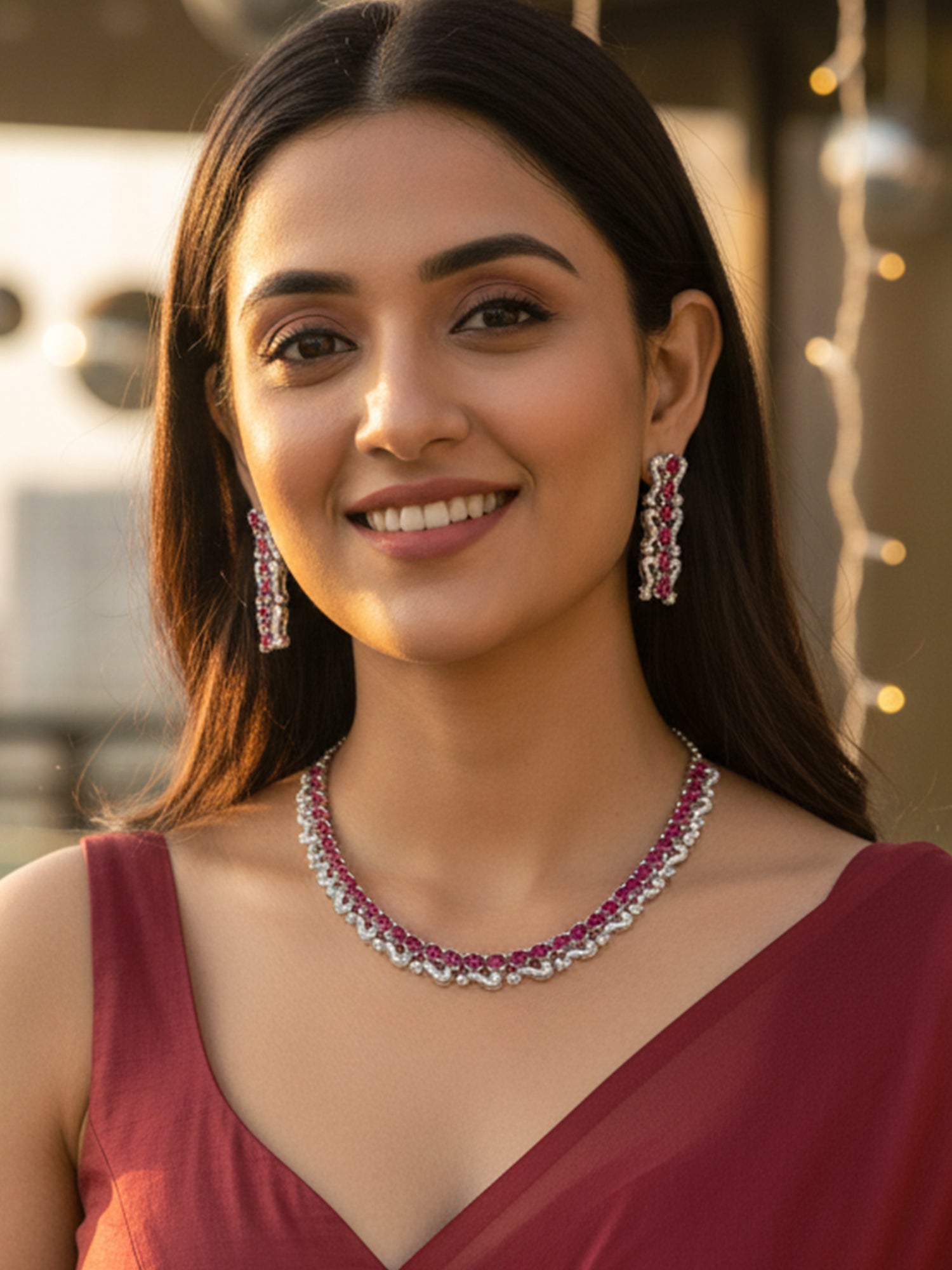 KARATCART Elegant Red American Diamond Silver-Plated Premium Jewellery Set for Women