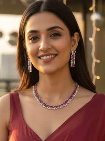 KARATCART Elegant Red American Diamond Silver-Plated Premium Jewellery Set for Women